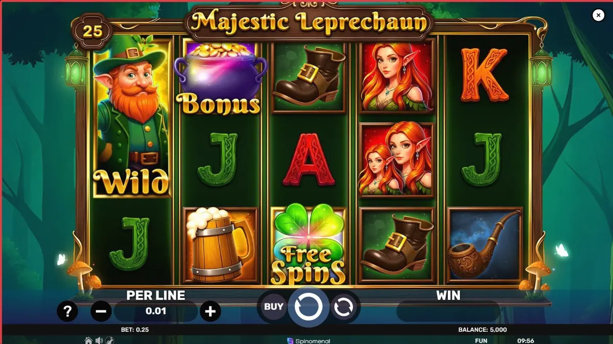 Majestic Leprechaun slot game screen with Irish landscape theme